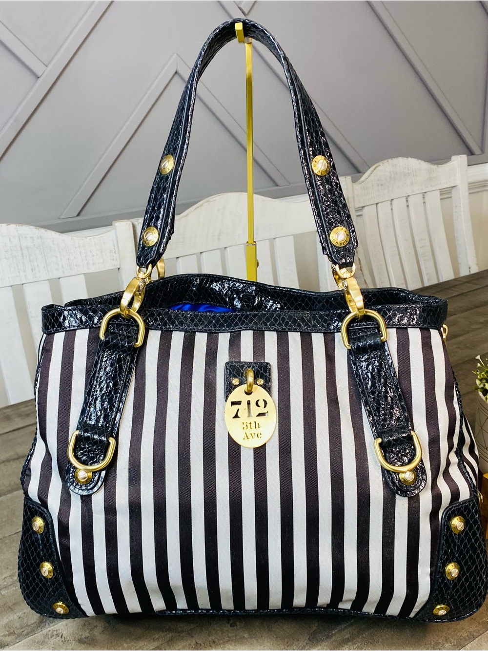 Henri Bendel 712 5th Ave Centennial Stripe Mixed Media Tote Bag Gold Hardware
